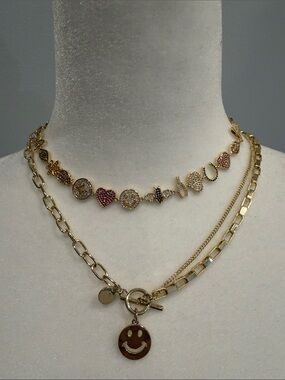 Layered Heart & Smiley Charm Necklace Set of 2